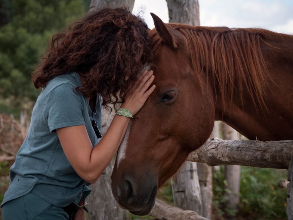 woman in addiction treatment benefits from the emotional connection to her horse during equine therapy